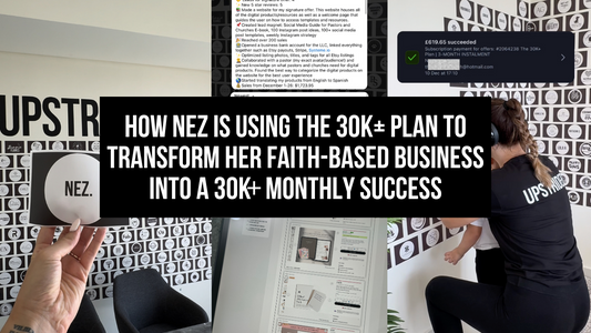 Blog thumbnail titled 'How Nez Is Using the 30K+ Plan to Transform Her Faith-Based Business into a 30K+ Monthly Success,' featuring highlights of her journey.