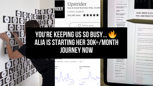 Collage showing highlights of Alia’s 30K+ Plan™ journey, including a recognition wall, Upstrider’s Etsy shop, financial growth charts, and task lists, with the text overlay: 'You're keeping us so busy… 🔥 Alia is starting her 30K+/month journey now.